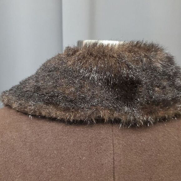 Vintage 90s y2k Esprit Chocolate Brown Wool Blend Faux Fur Midi Trench Coat Md - Picture 6 of 7